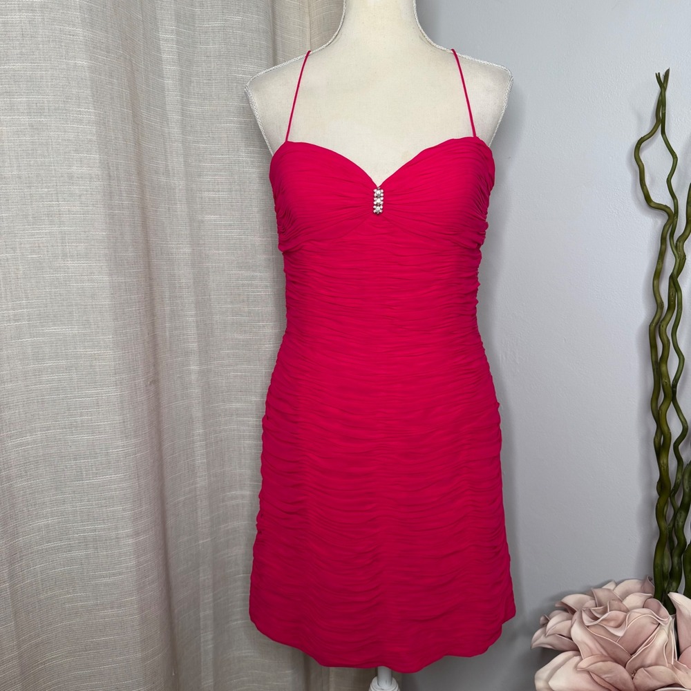 Vintage‎ Niteline Della Roufogali Hot Pink Silk Ruched Rhinestone Mini Dress 10
